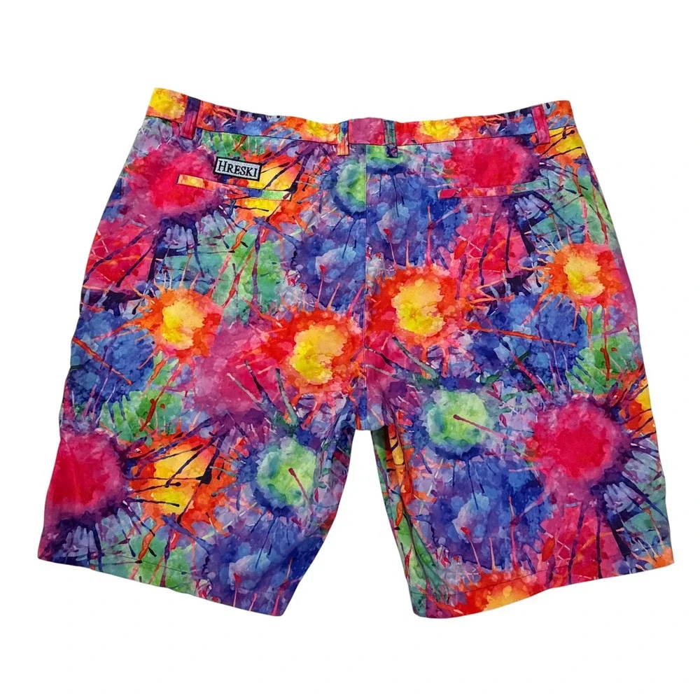 Hreski Mens Size 44 Watercolor Paint Splatter Golf Shorts Rainbow Stretch